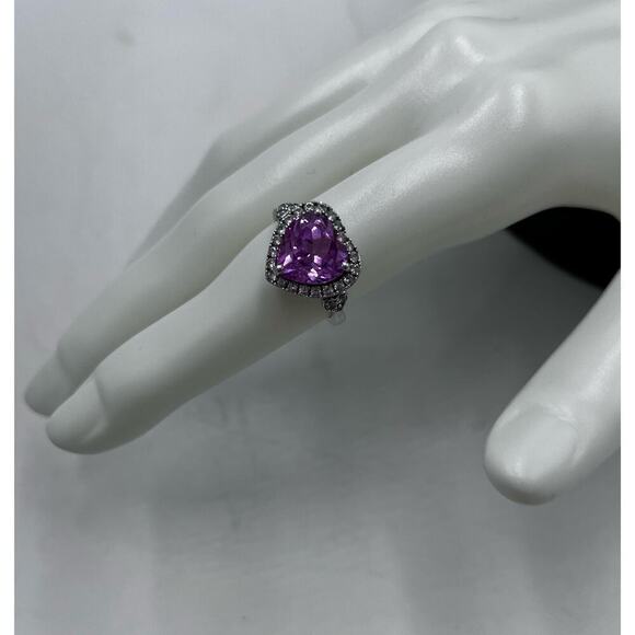 Sterling Silver Designer Stamped Pink Heart Faceted Topaz CZ Halo Ring Sz 6.75 - Picture 1 of 15